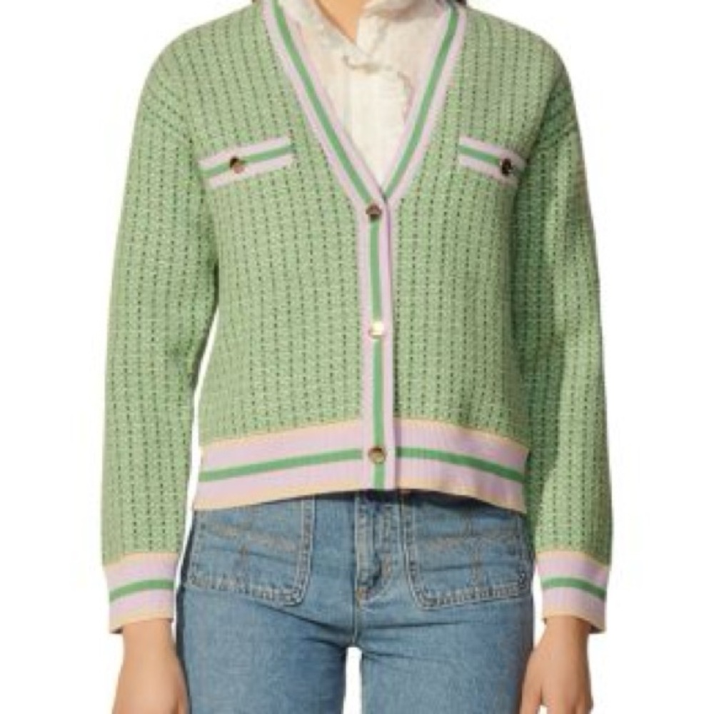 Sandro Green and Purple Tweed Style Woven Sweater